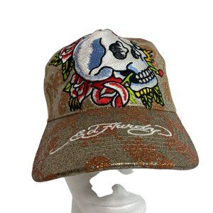 ED HARDY Snapback Trucker Hat Gold Glitter Skull Mesh Cap